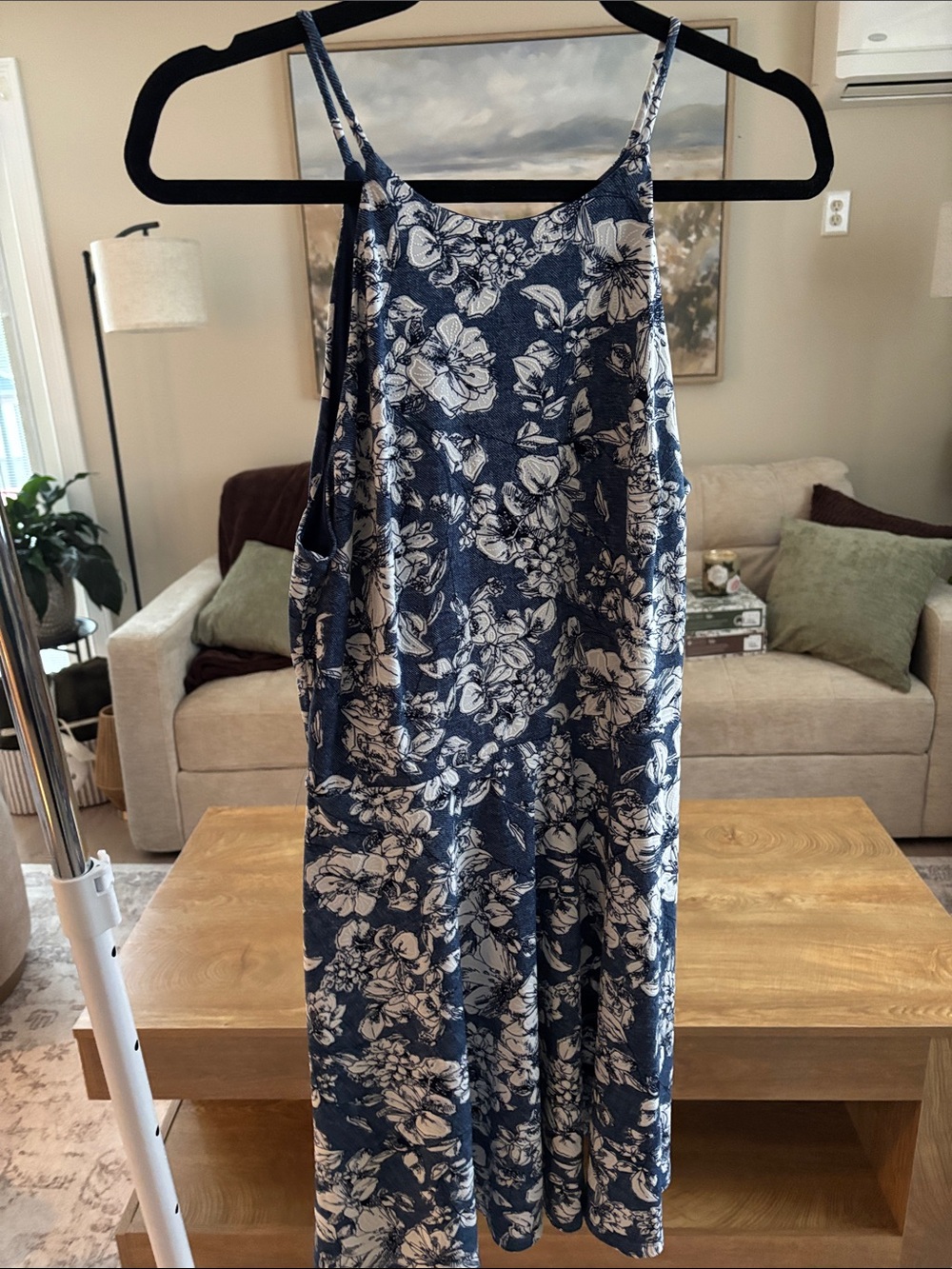 Blue Floral Midi Dress with Spaghetti Straps